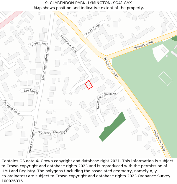 9, CLARENDON PARK, LYMINGTON, SO41 8AX: Location map and indicative extent of plot