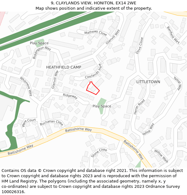 9, CLAYLANDS VIEW, HONITON, EX14 2WE: Location map and indicative extent of plot