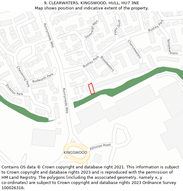 9, CLEARWATERS, KINGSWOOD, HULL, HU7 3NE: Location map and indicative extent of plot