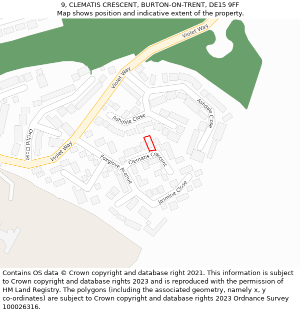 9, CLEMATIS CRESCENT, BURTON-ON-TRENT, DE15 9FF: Location map and indicative extent of plot