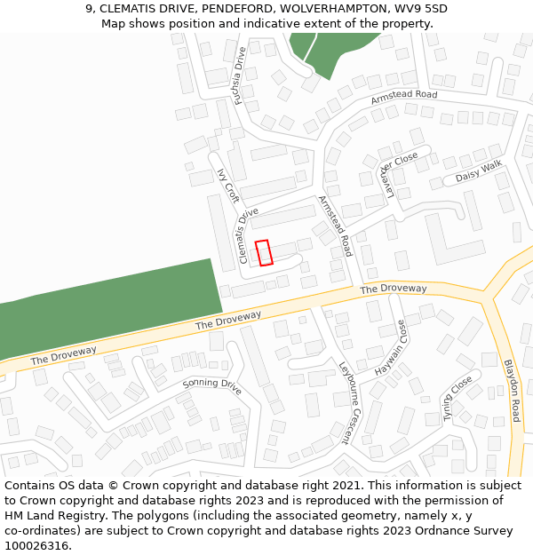 9, CLEMATIS DRIVE, PENDEFORD, WOLVERHAMPTON, WV9 5SD: Location map and indicative extent of plot
