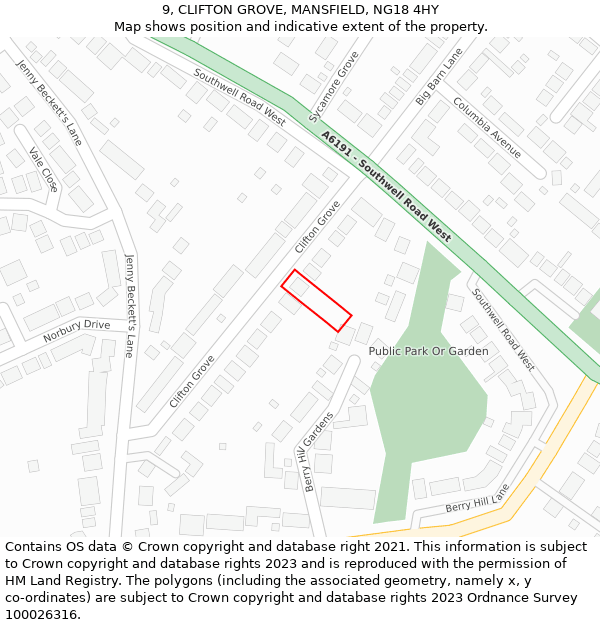 9, CLIFTON GROVE, MANSFIELD, NG18 4HY: Location map and indicative extent of plot