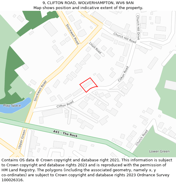 9, CLIFTON ROAD, WOLVERHAMPTON, WV6 9AN: Location map and indicative extent of plot