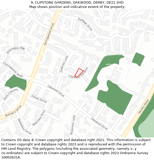 9, CLIPSTONE GARDENS, OAKWOOD, DERBY, DE21 2HD: Location map and indicative extent of plot