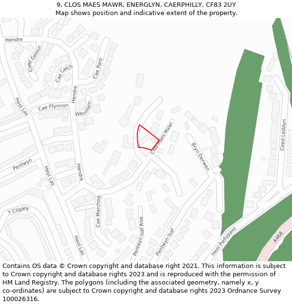 9, CLOS MAES MAWR, ENERGLYN, CAERPHILLY, CF83 2UY: Location map and indicative extent of plot