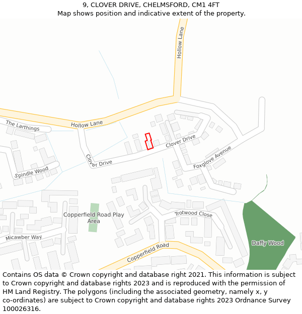 9, CLOVER DRIVE, CHELMSFORD, CM1 4FT: Location map and indicative extent of plot