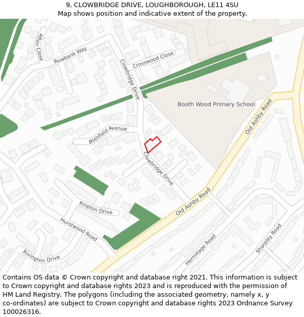 9, CLOWBRIDGE DRIVE, LOUGHBOROUGH, LE11 4SU: Location map and indicative extent of plot