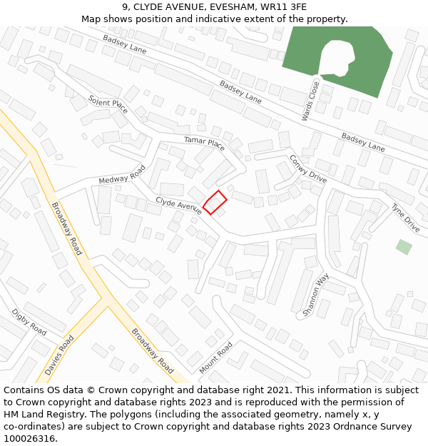 9, CLYDE AVENUE, EVESHAM, WR11 3FE: Location map and indicative extent of plot