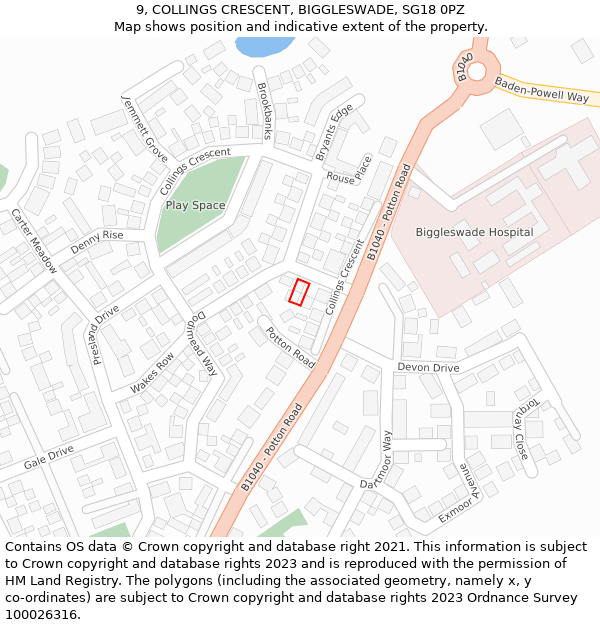 9, COLLINGS CRESCENT, BIGGLESWADE, SG18 0PZ: Location map and indicative extent of plot