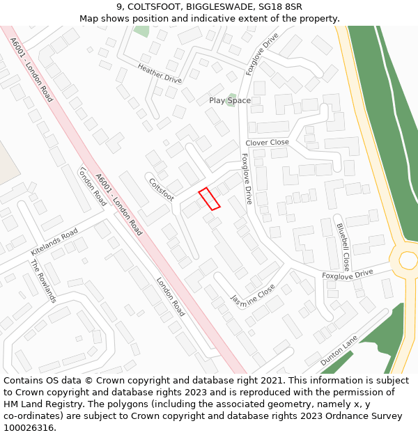 9, COLTSFOOT, BIGGLESWADE, SG18 8SR: Location map and indicative extent of plot