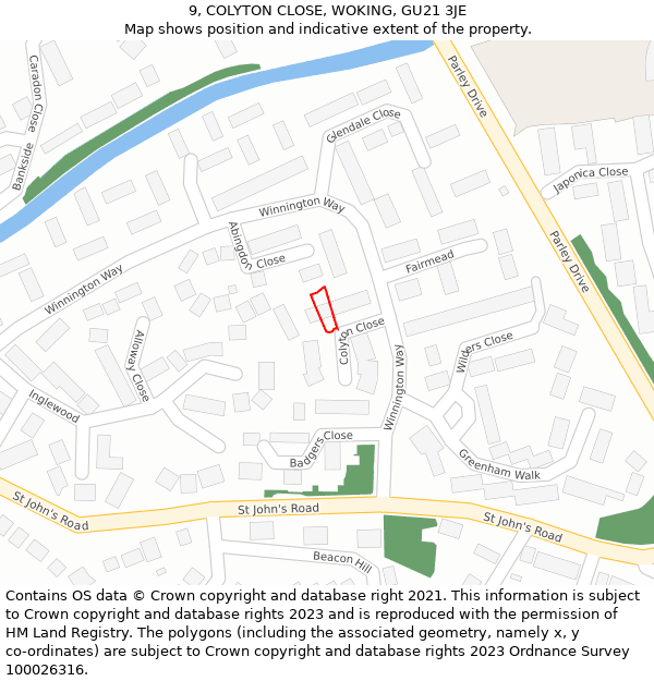 9, COLYTON CLOSE, WOKING, GU21 3JE: Location map and indicative extent of plot