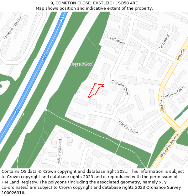 9, COMPTON CLOSE, EASTLEIGH, SO50 4RE: Location map and indicative extent of plot