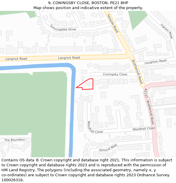 9, CONINGSBY CLOSE, BOSTON, PE21 8HP: Location map and indicative extent of plot