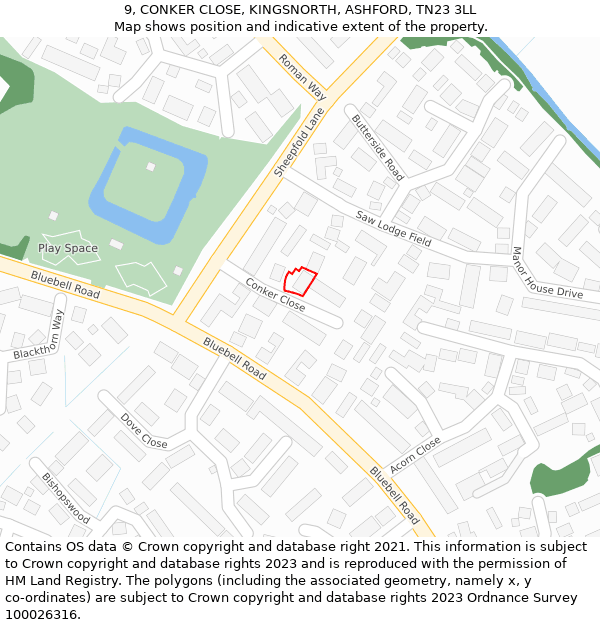 9, CONKER CLOSE, KINGSNORTH, ASHFORD, TN23 3LL: Location map and indicative extent of plot