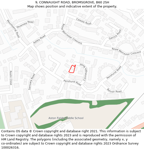 9, CONNAUGHT ROAD, BROMSGROVE, B60 2SH: Location map and indicative extent of plot