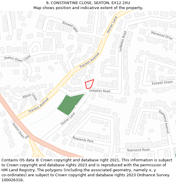9, CONSTANTINE CLOSE, SEATON, EX12 2XU: Location map and indicative extent of plot