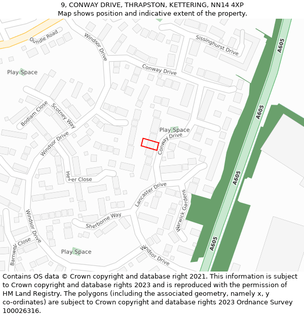 9, CONWAY DRIVE, THRAPSTON, KETTERING, NN14 4XP: Location map and indicative extent of plot