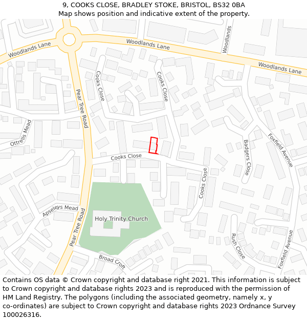 9, COOKS CLOSE, BRADLEY STOKE, BRISTOL, BS32 0BA: Location map and indicative extent of plot