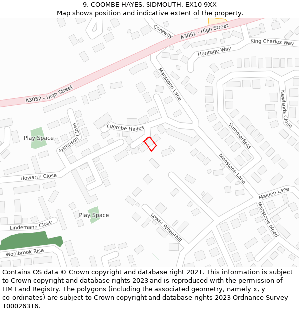 9, COOMBE HAYES, SIDMOUTH, EX10 9XX: Location map and indicative extent of plot