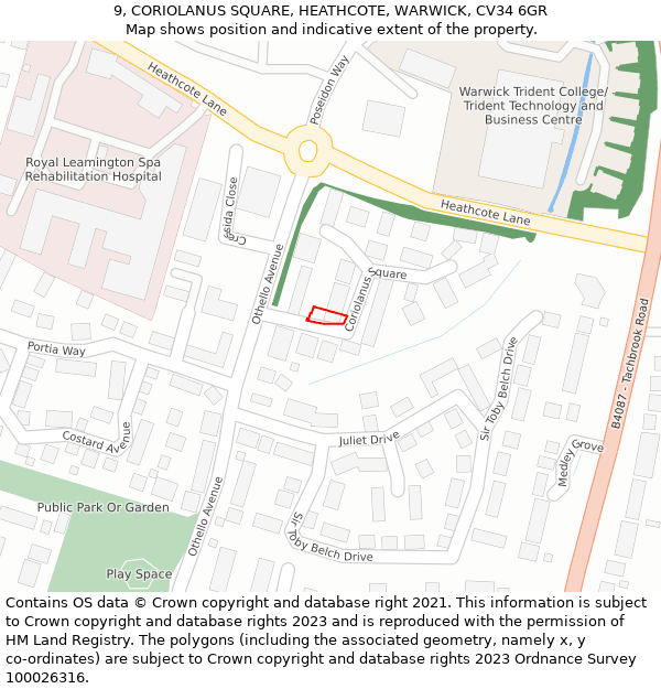 9, CORIOLANUS SQUARE, HEATHCOTE, WARWICK, CV34 6GR: Location map and indicative extent of plot