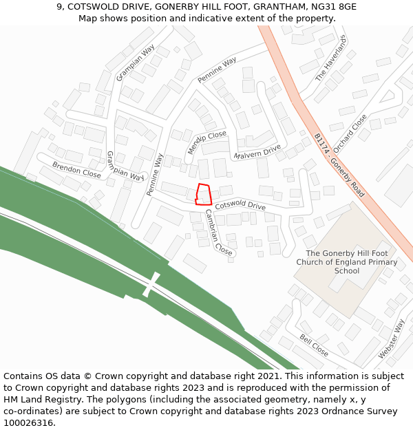 9, COTSWOLD DRIVE, GONERBY HILL FOOT, GRANTHAM, NG31 8GE: Location map and indicative extent of plot