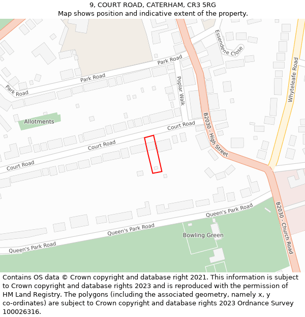 9, COURT ROAD, CATERHAM, CR3 5RG: Location map and indicative extent of plot