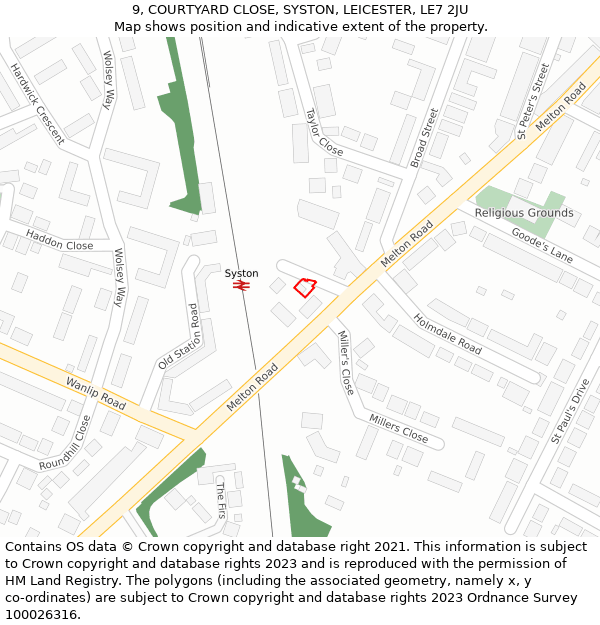 9, COURTYARD CLOSE, SYSTON, LEICESTER, LE7 2JU: Location map and indicative extent of plot