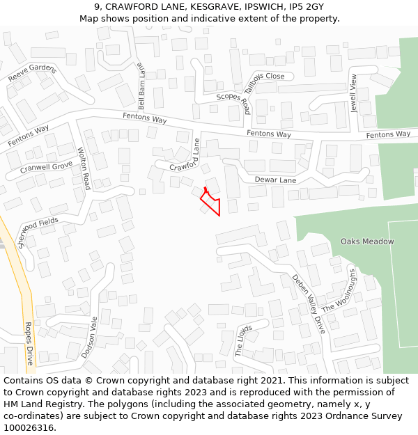 9, CRAWFORD LANE, KESGRAVE, IPSWICH, IP5 2GY: Location map and indicative extent of plot