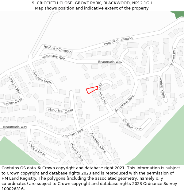 9, CRICCIETH CLOSE, GROVE PARK, BLACKWOOD, NP12 1GH: Location map and indicative extent of plot