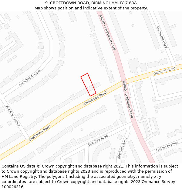 9, CROFTDOWN ROAD, BIRMINGHAM, B17 8RA: Location map and indicative extent of plot