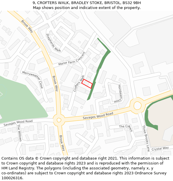 9, CROFTERS WALK, BRADLEY STOKE, BRISTOL, BS32 9BH: Location map and indicative extent of plot