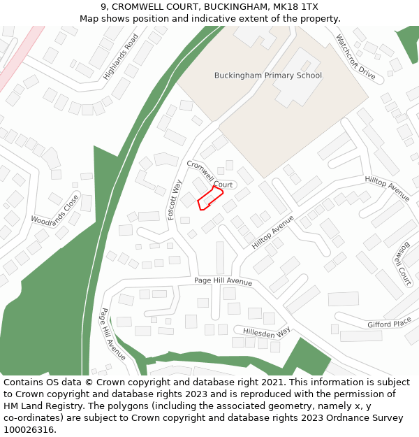 9, CROMWELL COURT, BUCKINGHAM, MK18 1TX: Location map and indicative extent of plot