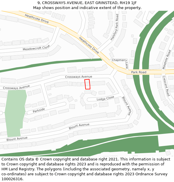 9, CROSSWAYS AVENUE, EAST GRINSTEAD, RH19 1JF: Location map and indicative extent of plot