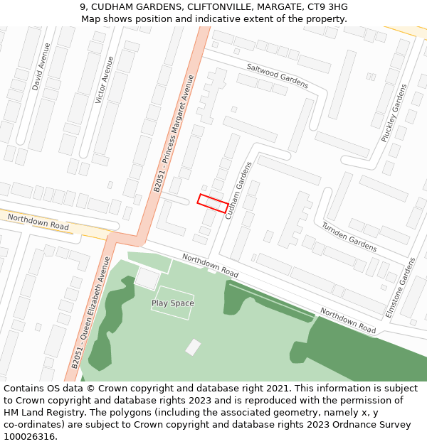 9, CUDHAM GARDENS, CLIFTONVILLE, MARGATE, CT9 3HG: Location map and indicative extent of plot