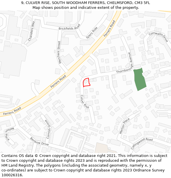 9, CULVER RISE, SOUTH WOODHAM FERRERS, CHELMSFORD, CM3 5FL: Location map and indicative extent of plot