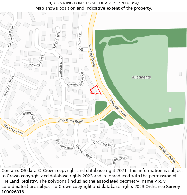 9, CUNNINGTON CLOSE, DEVIZES, SN10 3SQ: Location map and indicative extent of plot