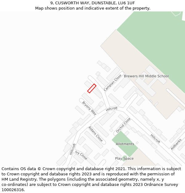 9, CUSWORTH WAY, DUNSTABLE, LU6 1UF: Location map and indicative extent of plot