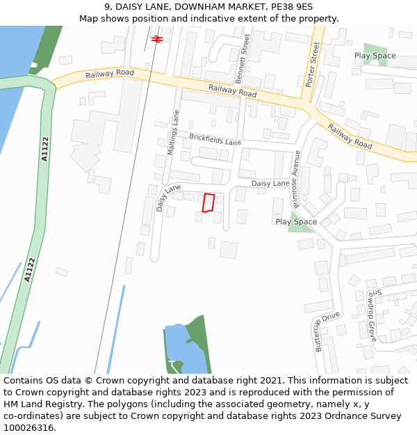 9, DAISY LANE, DOWNHAM MARKET, PE38 9ES: Location map and indicative extent of plot