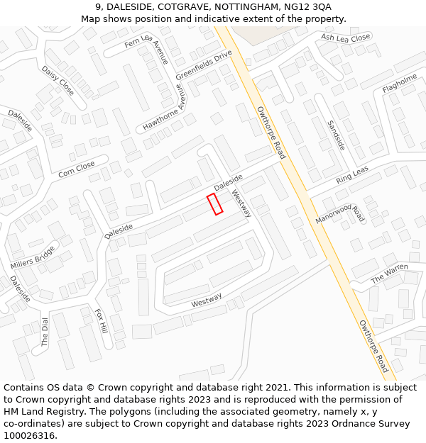 9, DALESIDE, COTGRAVE, NOTTINGHAM, NG12 3QA: Location map and indicative extent of plot