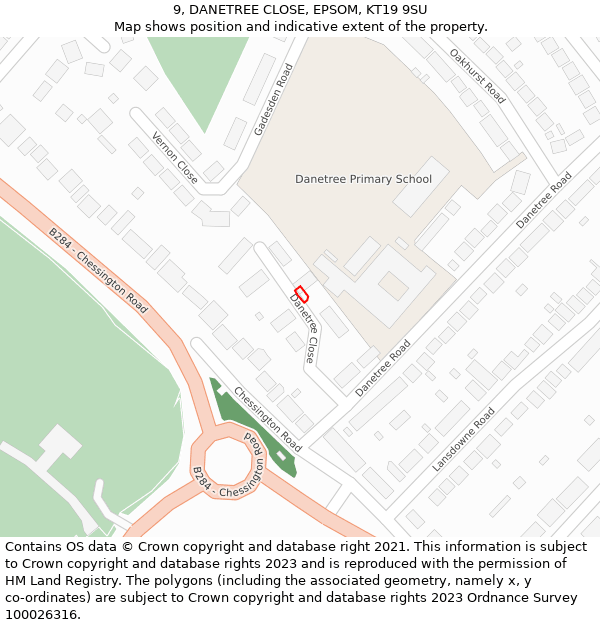 9, DANETREE CLOSE, EPSOM, KT19 9SU: Location map and indicative extent of plot