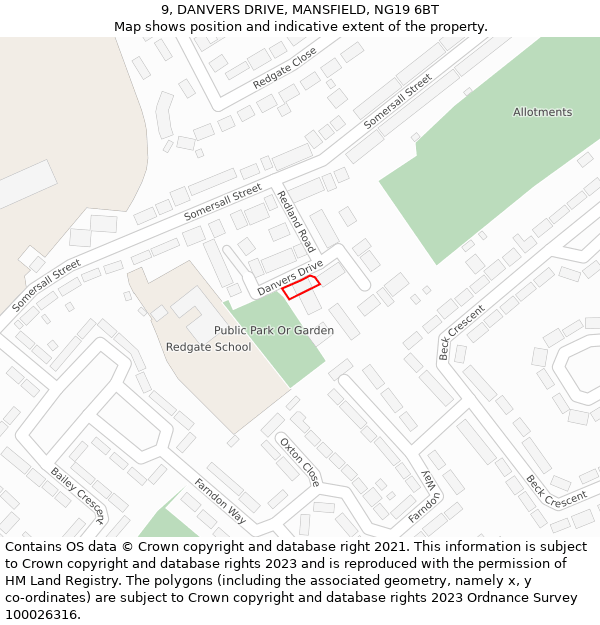 9, DANVERS DRIVE, MANSFIELD, NG19 6BT: Location map and indicative extent of plot