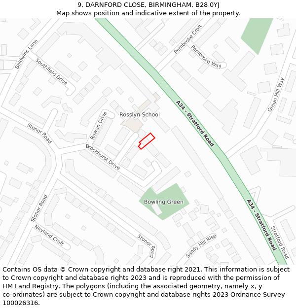 9, DARNFORD CLOSE, BIRMINGHAM, B28 0YJ: Location map and indicative extent of plot