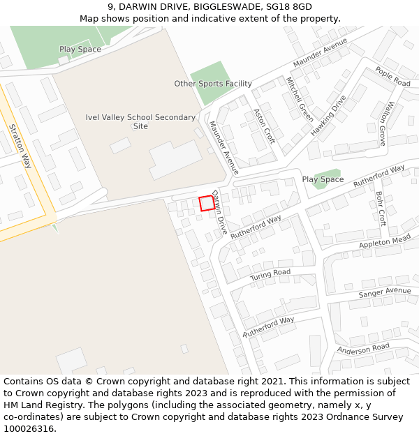 9, DARWIN DRIVE, BIGGLESWADE, SG18 8GD: Location map and indicative extent of plot