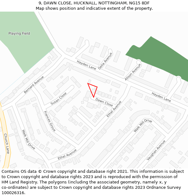 9, DAWN CLOSE, HUCKNALL, NOTTINGHAM, NG15 8DF: Location map and indicative extent of plot