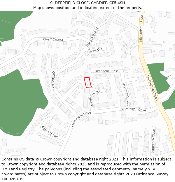 9, DEEPFIELD CLOSE, CARDIFF, CF5 4SH: Location map and indicative extent of plot