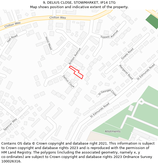 9, DELIUS CLOSE, STOWMARKET, IP14 1TG: Location map and indicative extent of plot