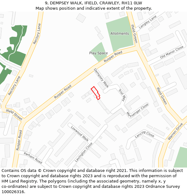 9, DEMPSEY WALK, IFIELD, CRAWLEY, RH11 0LW: Location map and indicative extent of plot