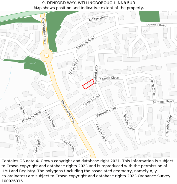 9, DENFORD WAY, WELLINGBOROUGH, NN8 5UB: Location map and indicative extent of plot