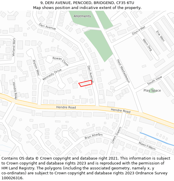 9, DERI AVENUE, PENCOED, BRIDGEND, CF35 6TU: Location map and indicative extent of plot