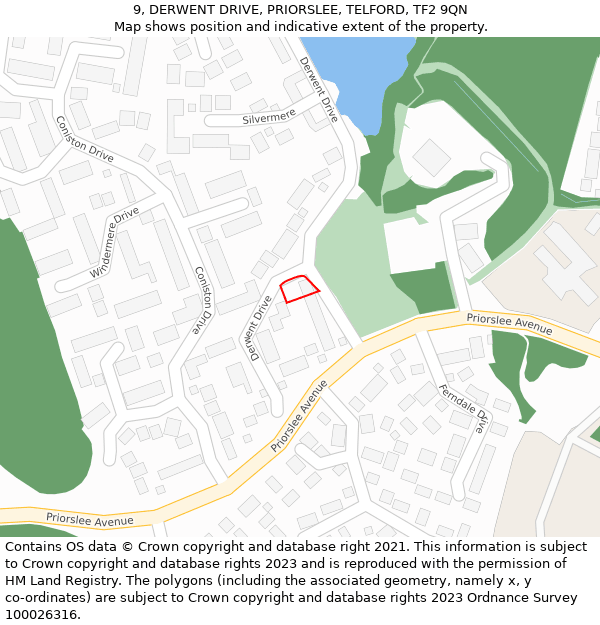 9, DERWENT DRIVE, PRIORSLEE, TELFORD, TF2 9QN: Location map and indicative extent of plot
